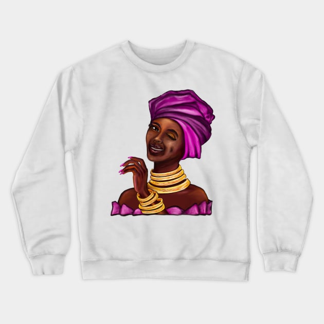 Queen wink side eye Black is beautiful black girl with Gold bangles, neck ring necklace, purple dress and head wrap, brown eyes and dark brown skin ! Crewneck Sweatshirt by Artonmytee